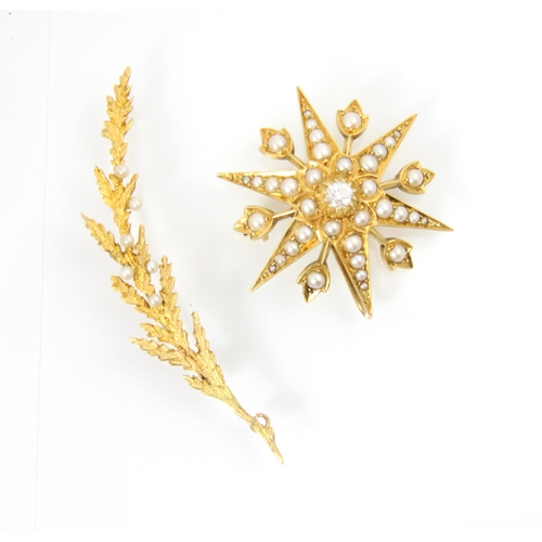 208 - A 20th century diamonds and split pearl brooch, designed as a star burst with central round cut diam... 