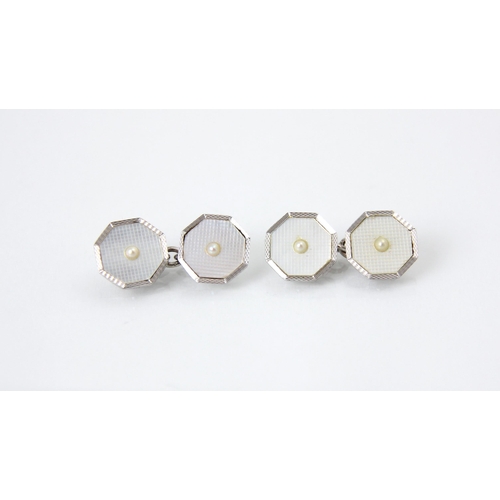 239 - A pair of 9ct white gold Art Deco style cufflinks, the octagonal link set with central split pearl, ... 