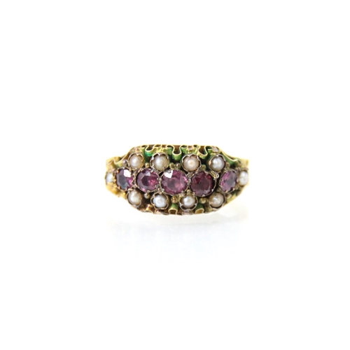 247 - An early 20th century pink stone and split pearl ring, the graduated five pink stones with border of... 