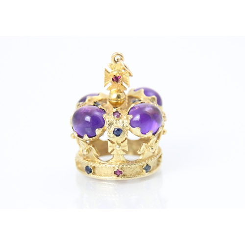 255 - A 9ct yellow gold novelty pendant, the pendant designed as St Edwards crown, with four cabochon amet... 