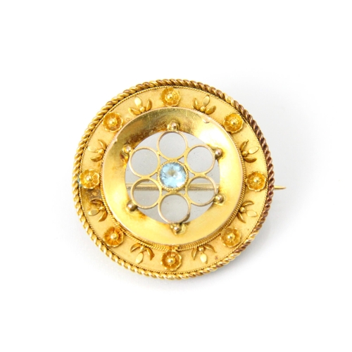 270 - A Victorian 15ct yellow gold and aquamarine brooch, the central round cut aquamarine within spherica... 