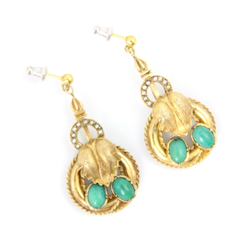 277 - A pair of 9ct yellow gold Victorian style drop earrings, the stud suspending split pearl set half ci... 