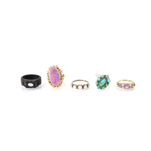 280 - A selection of five dress rings, including a pink stone five stone, a yellow metal ‘opal’ doublet ri... 