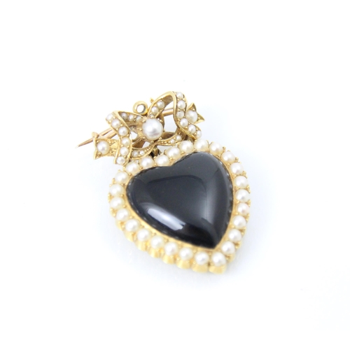 302 - A Victorian style split pearl and onyx coloured pendant/brooch, the polished heart shaped onyx colou... 