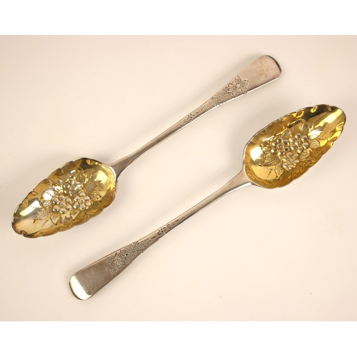 72 - A pair of George III silver Old English pattern table spoons, SH London 1808, the stems with engrave... 