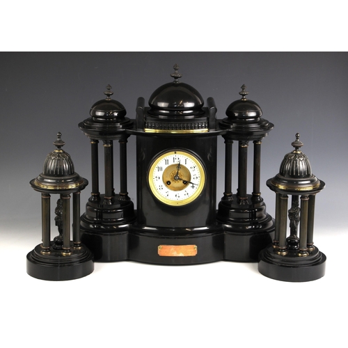 891 - A large Victorian polished slate clock garniture, of architectural portico form, comprising; a mante... 