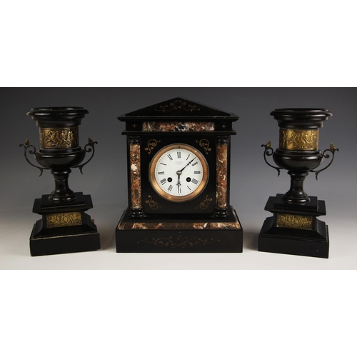 894 - A Victorian polished slate clock garniture, comprising; a mantel clock, signed ‘R. Russell, Liverpoo... 