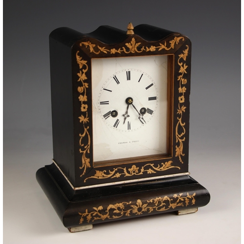 897 - A French campaign clock, 19th century, signed Thomas, Paris, the shaped case inlaid with boxwood fol... 