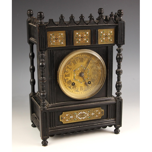 899 - A Lenz Kirch ebonised Aesthetic Movement bracket clock, late 19th century, the castellated case with... 