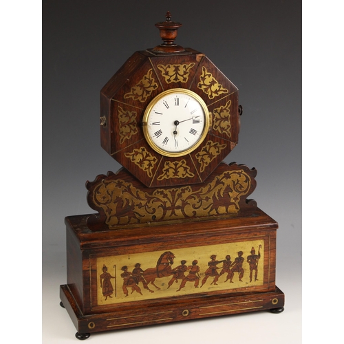 901 - A rosewood and brass inlaid mantel timepiece, mid 19th century, the octagonal case with applied ring... 