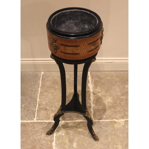 948 - A Louis XV style walnut and ebonised jardiniere stand, late 19th century, of cylindrical form with l... 