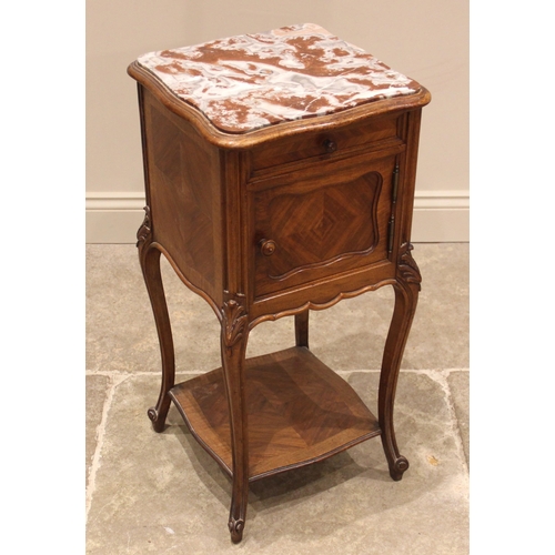 985 - A French kingwood and rouge marble beside cabinet, late 19th century, with a serpentine shaped marbl... 