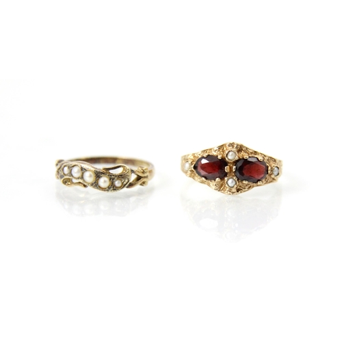 227 - A selection of three rings, to include a Victorian style 9ct yellow gold garnet and seed pearl set r... 