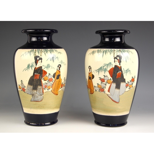 603 - A pair of Japanese porcelain Satsuma vases, Meiji Period (1868-1912), each high shouldered baluster ... 
