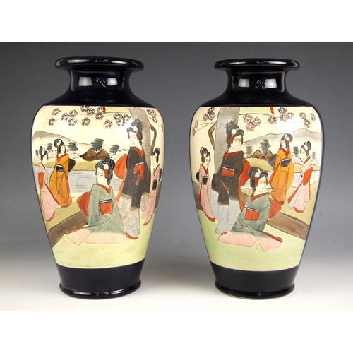 603 - A pair of Japanese porcelain Satsuma vases, Meiji Period (1868-1912), each high shouldered baluster ... 