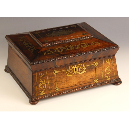 881 - A William IV rosewood and brass inlaid sarcophagus shaped work box, opening to a vacant interior (la... 