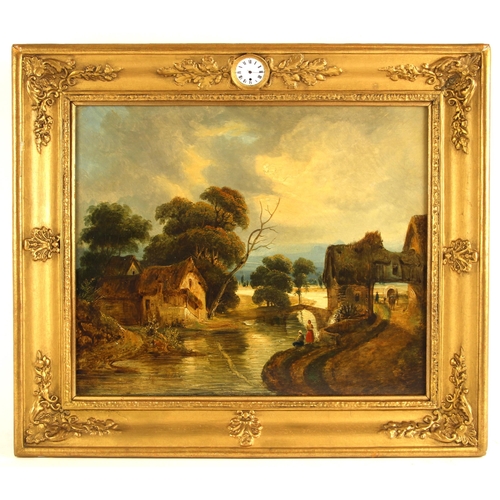 898 - A continental musical picture clock, 19th century, the painting depicting figures in a rural landsca... 