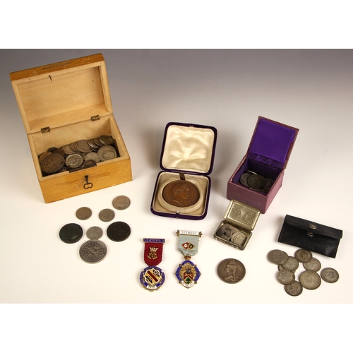 100 - A collection of English and foreign silver and copper coins, including shillings, six pence, and var... 