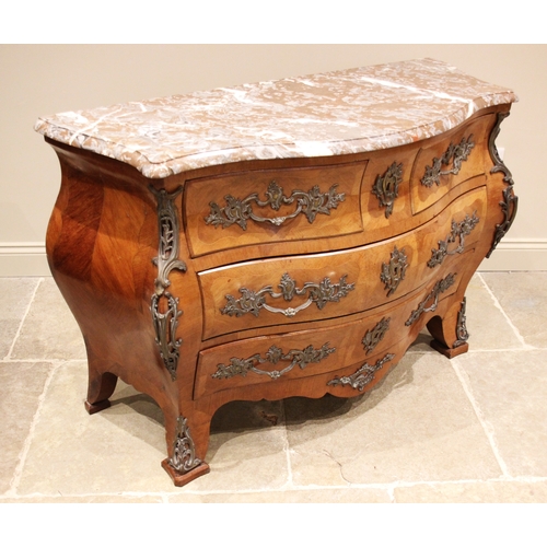 957 - A French Louis XV style kingwood marble topped bombe commode chest, early to mid 20th century, the r... 