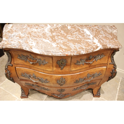 957 - A French Louis XV style kingwood marble topped bombe commode chest, early to mid 20th century, the r... 