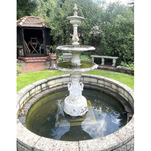 859 - A cast metal three-tier garden water fountain, 220cm H x 85cm D (at fault)