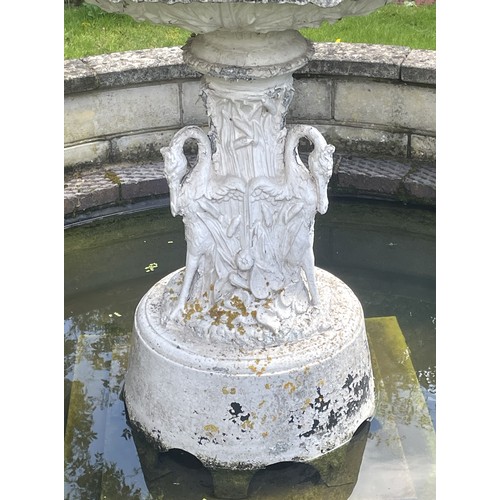 859 - A cast metal three-tier garden water fountain, 220cm H x 85cm D (at fault)