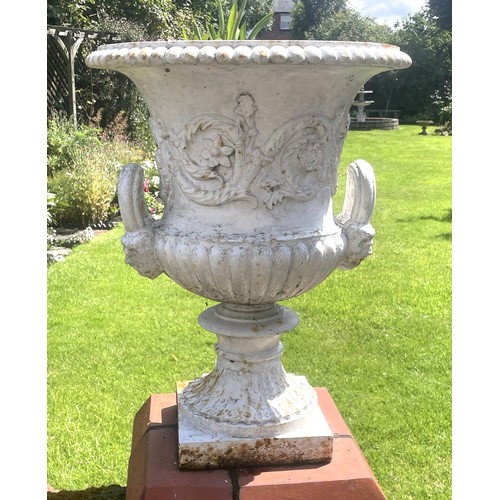 855 - A pair of Victorian style cast iron Campana shaped garden urns, 60cm H x 47cm D