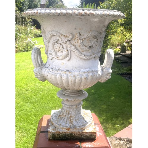 855 - A pair of Victorian style cast iron Campana shaped garden urns, 60cm H x 47cm D