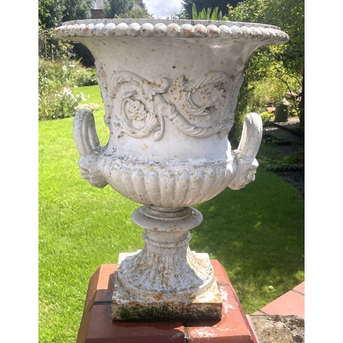 855 - A pair of Victorian style cast iron Campana shaped garden urns, 60cm H x 47cm D