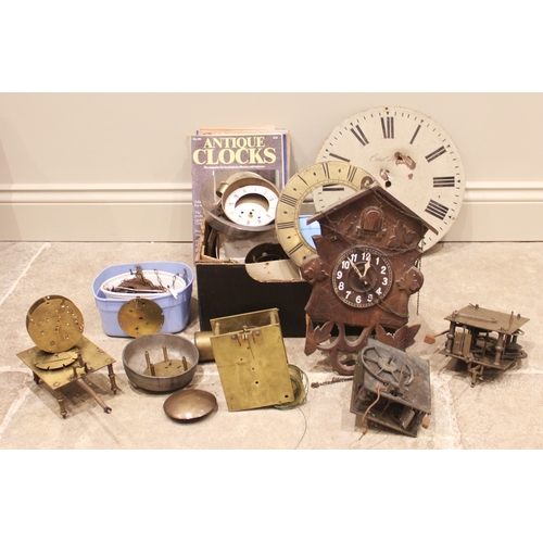 888 - A collection of clock parts and spares, to include; a fusee clock movement indistinctly stamped 'Sca... 