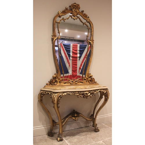 954 - A French Louis XVI style rococo marble topped console table and mirror, 19th century, the giltwood a... 