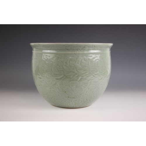 A large Chinese porcelain Longuan celadon jardienere, the circular ...
