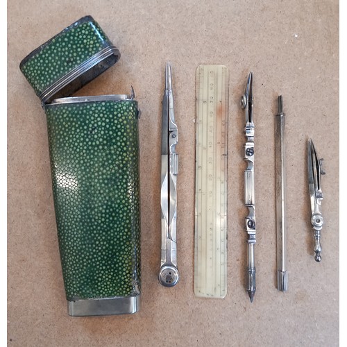 320 - A drawing instrument set, 19th century, to a fitted shagreen case, 13.5cm long, with a quantity of w... 