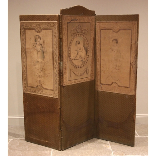 1007 - A Victorian fabric room screen, the three panels applied with individual printed panels depicting ch... 