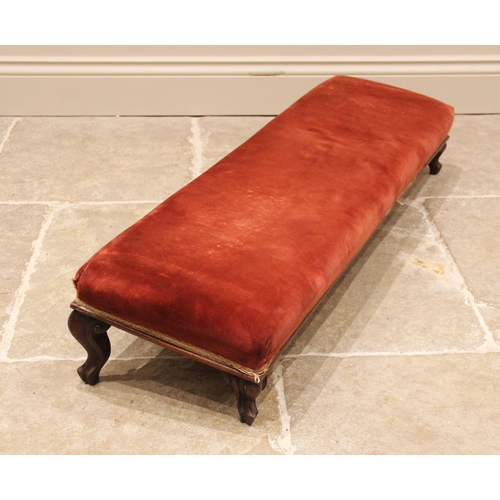 1012 - A mid 19th century rosewood and upholstered prayer stool, the rectangular red velour seat upon gradu... 