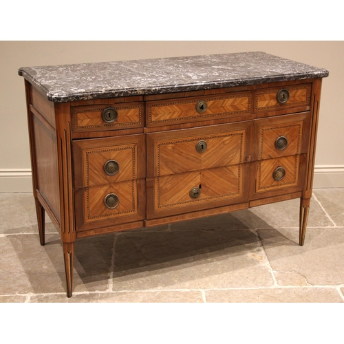 1016 - A French Louis XVI style walnut and kingwood marble top commode chest, late 19th century, the break ... 