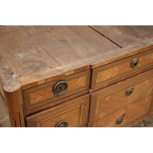 1016 - A French Louis XVI style walnut and kingwood marble top commode chest, late 19th century, the break ... 