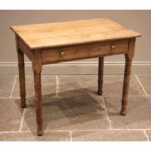 1029 - A Victorian and later pine side or work table, the three plank top over a single frieze drawer appli... 