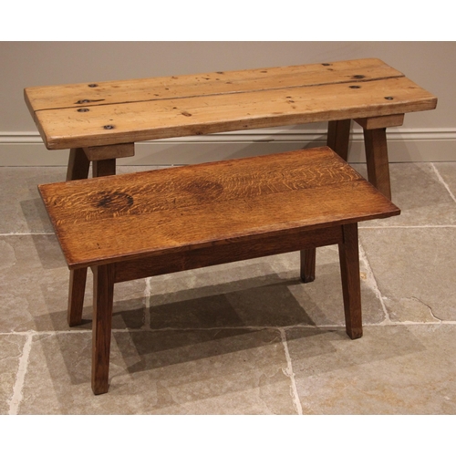 1032 - A rustic pine bench, late 19th century, the substantial twin plank top, upon splayed legs of square ... 