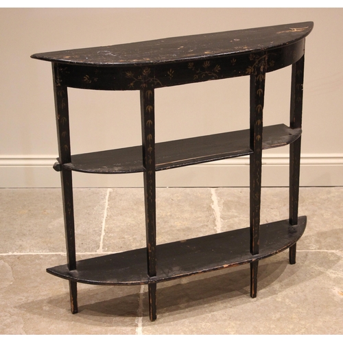 1038 - A painted Aesthetic Movement demi-lune console bookshelf, late 19th/early 20th century, the three ro... 