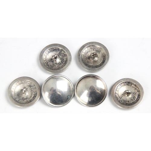 108 - A set of six silver coloured buttons, the circular buttons with plain polished fronts and lettering ... 