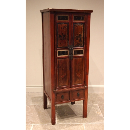 1080 - A Chinese red lacquer cabinet, late 20th century, the twin panelled doors painted with figures and f... 