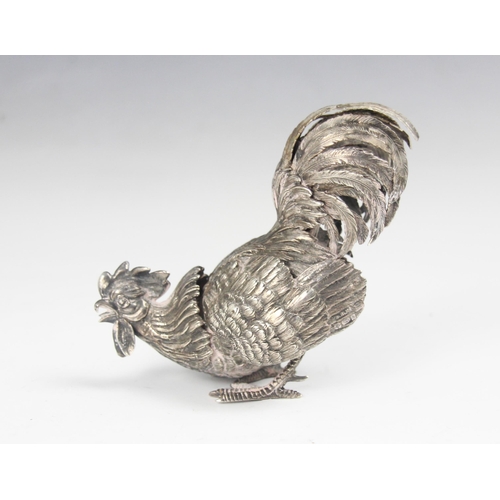 114 - A silver model of a cockerel, 	Berthold Hermann Muller, London import marks, 1923, the bird realisti... 