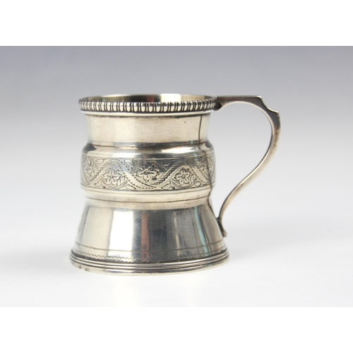 128 - A George III silver mug, indistinct makers mark, London 1812, the gadroon rim above waisted and flar... 