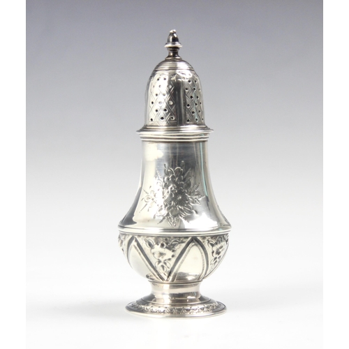 129 - A George II silver sugar caster, 'TW' London possibly 1740, the pierced pull off cover above florall... 