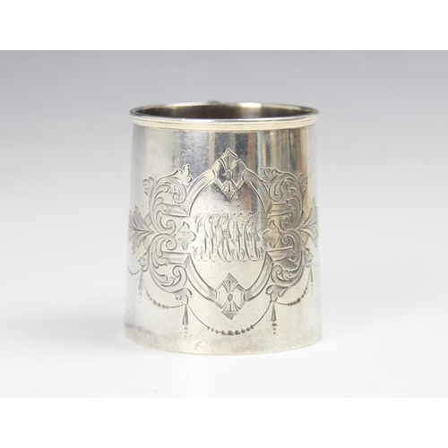 133 - An Edwardian silver christening mug, Walker and Hall, Sheffield 1903, the loop handle above a tapere... 