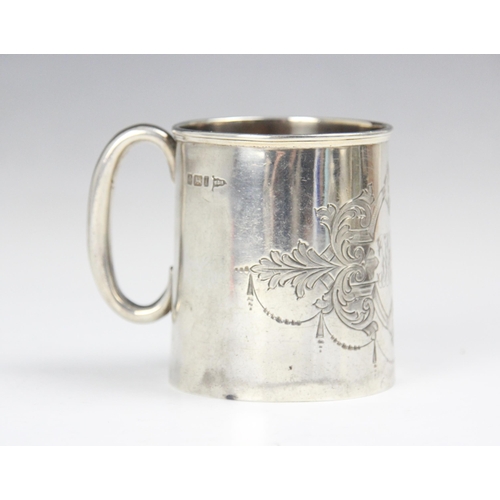 133 - An Edwardian silver christening mug, Walker and Hall, Sheffield 1903, the loop handle above a tapere... 