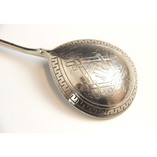 145 - A Russian silver spoon, Karl Antiteyev, Moscow c1881, the fig shaped bowl engraved to reverse with m... 