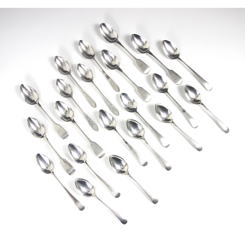 153 - Four groups of silver teaspoons, comprising; six fiddle pattern, Isaac Parkin, Exeter 1829, monogram... 