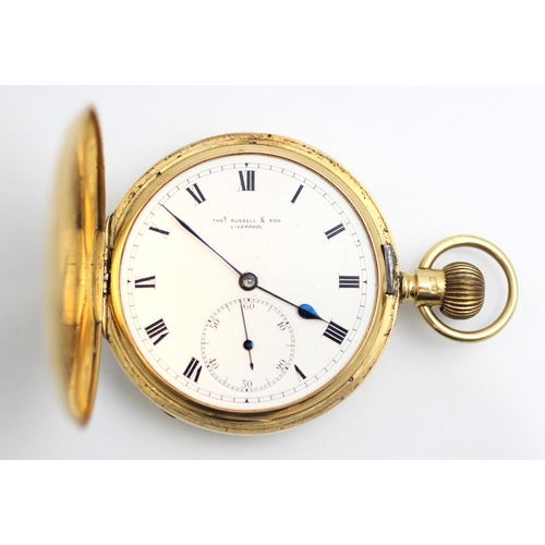 195 - An 18ct yellow gold 'Thos Russell and Son' full hunter pocket watch, the circular white enamel dial ... 